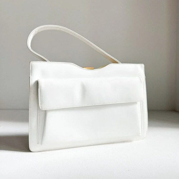 Vintage White Faux  Leather rectengular Top Handle Bag - Picture 2 of 7